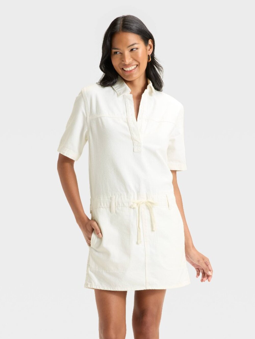 New Universal Thread Short Sleeve Dropwaist Drawstring Dress - White